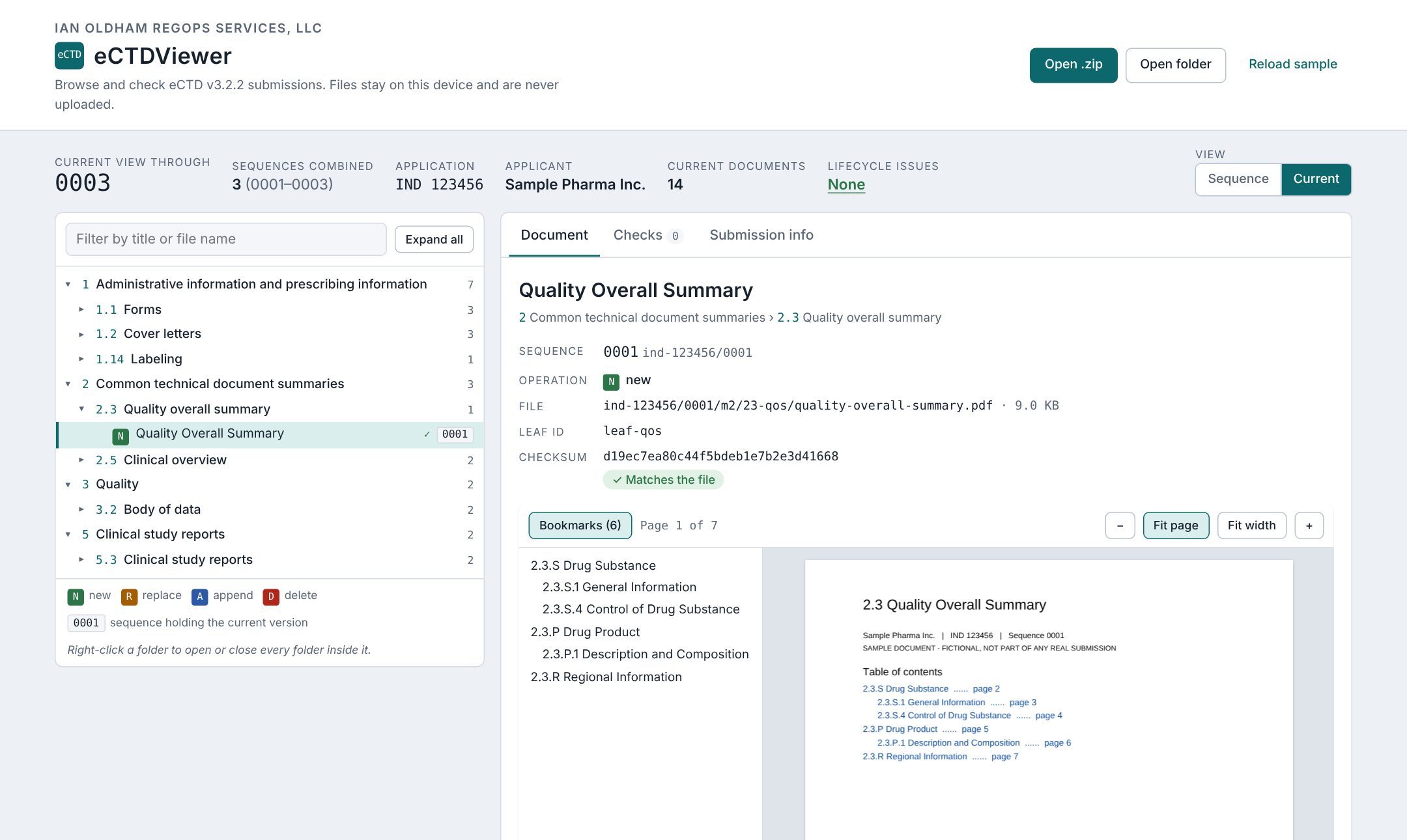 eCTDViewer showing the CTD tree of a sample submission next to the Quality Overall Summary and its bookmarks
